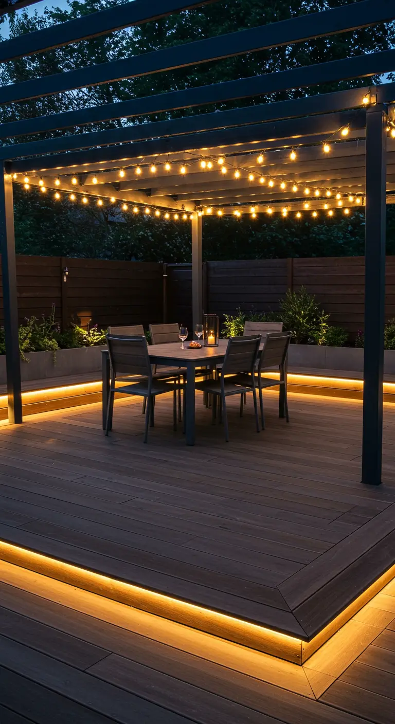 Terrasse en bois moderne sous pergola, avec rubans LED intégrés et guirlandes lumineuses.
