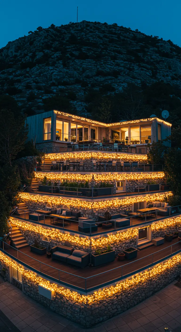 Grande maison à flanc de colline avec des terrasses en cascade, toutes soulignées par des guirlandes.