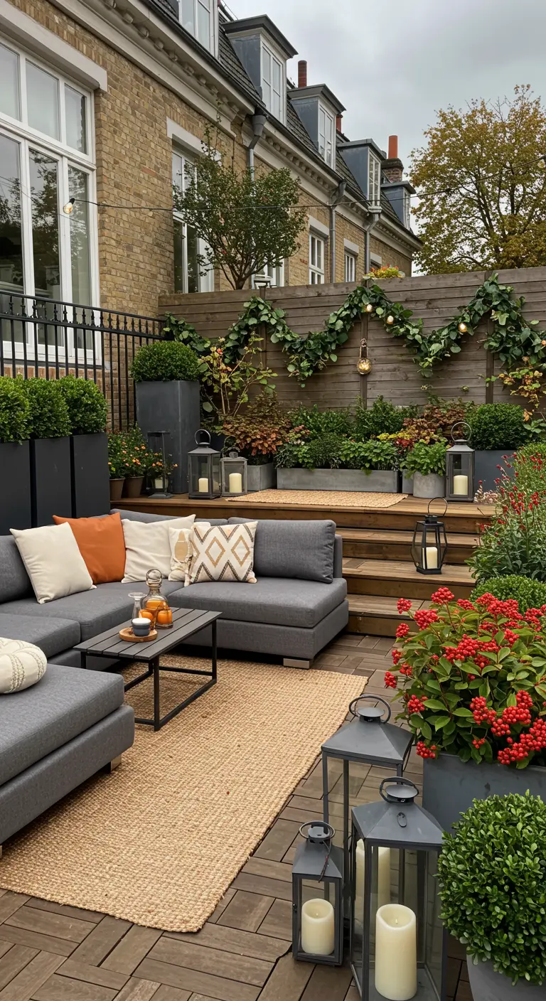 Terrasse étagée avec salon gris, bacs de Skimmia, tapis en jute, lanternes et guirlandes.