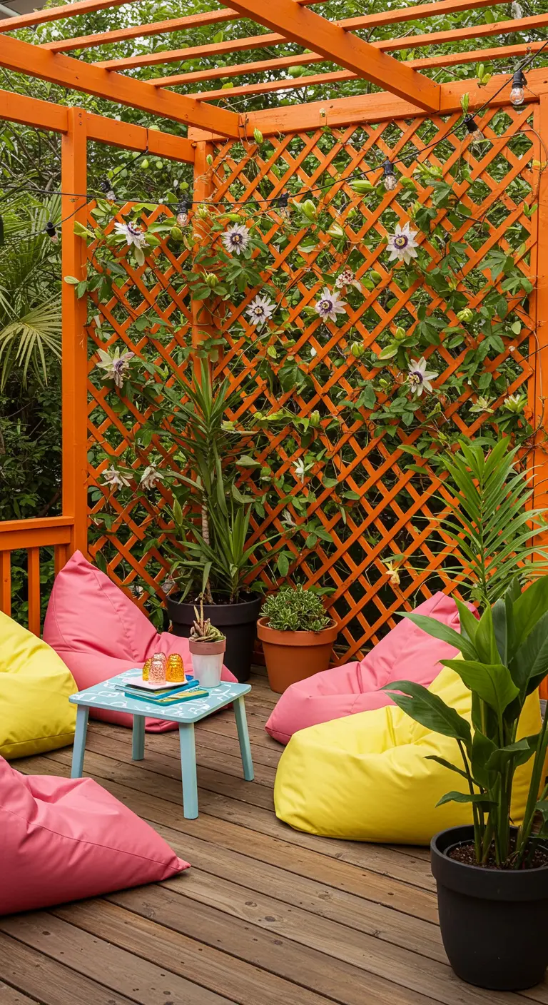 Terrasse colorée avec un treillis orange et une passiflore, des poufs géants roses et jaunes, des plantes tropicales.