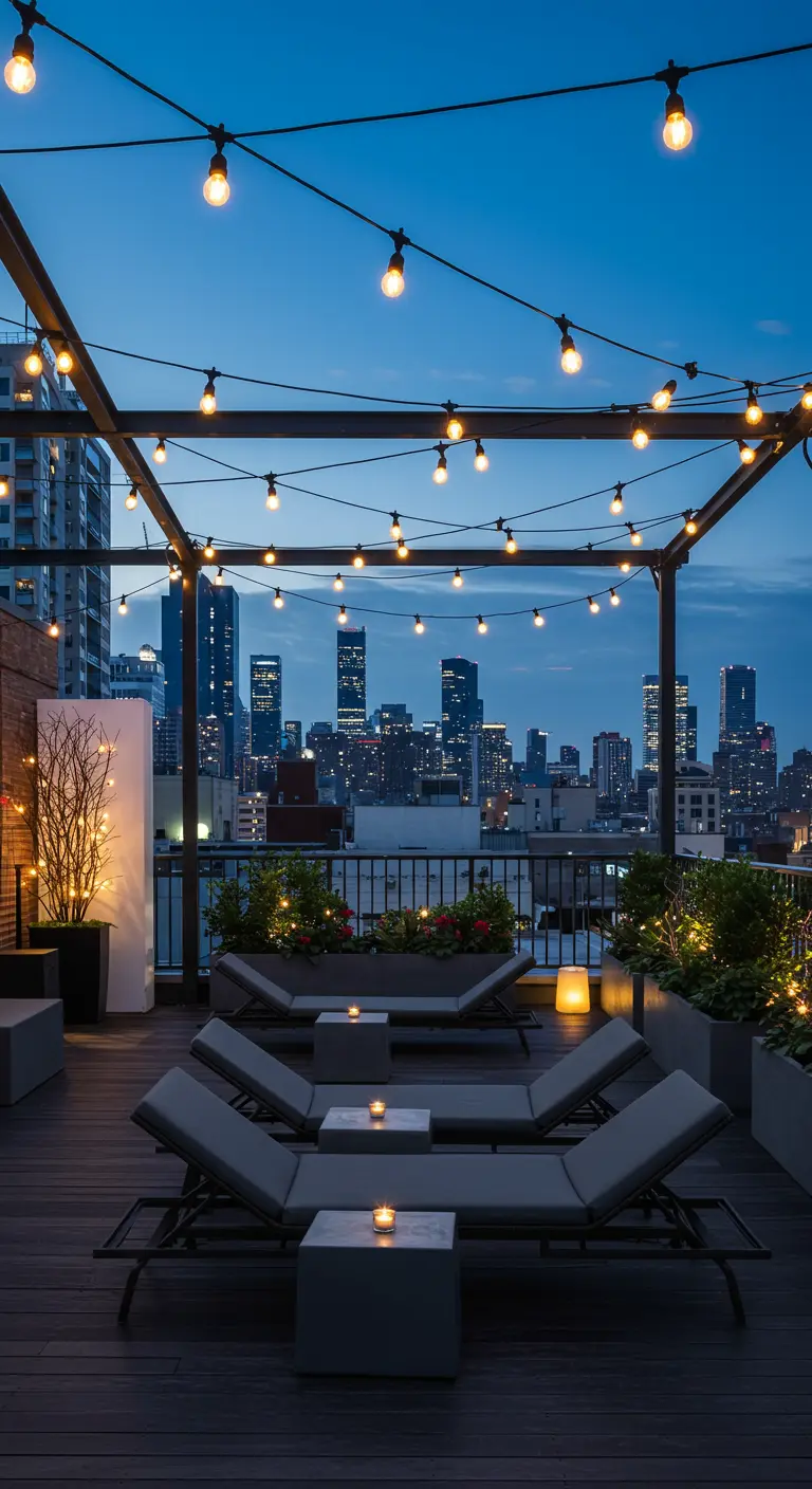 Rooftop avec des chaises longues sous une pergola illuminée par des guirlandes.