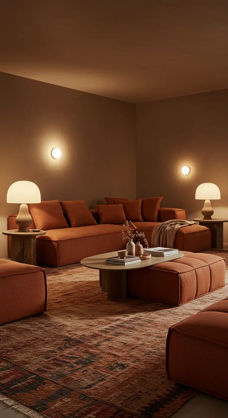 Salon moderne avec canapé modulaire couleur terre cuite et éclairage doux.