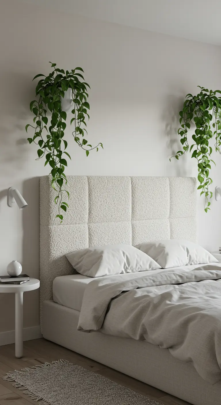 Tête de lit capitonnée en tissu bouclé blanc avec deux plantes retombantes symétriques.