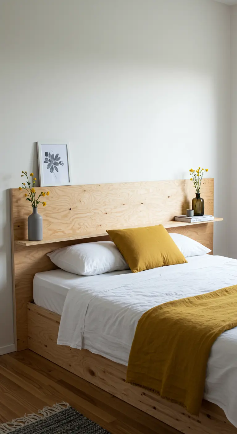 Tête de lit DIY en contreplaqué clair avec une étagère intégrée pour des livres et des vases.