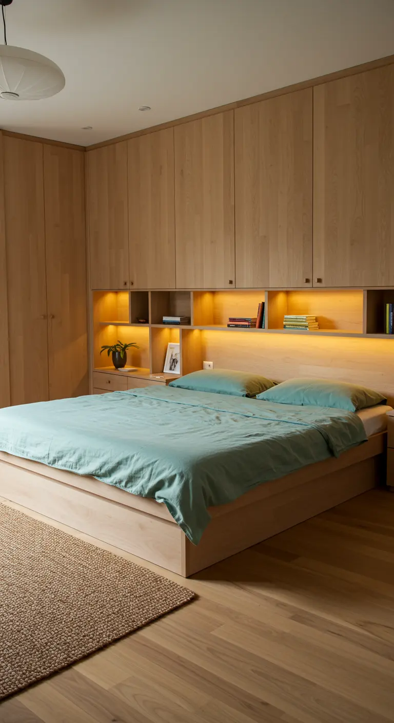 Chambre avec une tête de lit sur mesure en bois intégrant des niches éclairées.