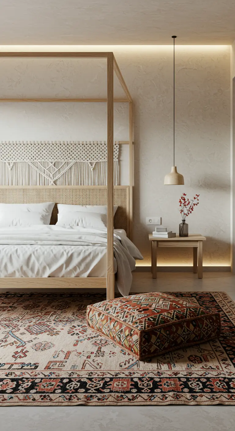 Chambre minimaliste bohème avec tête de lit macramé, lit en bois et tapis à motifs.