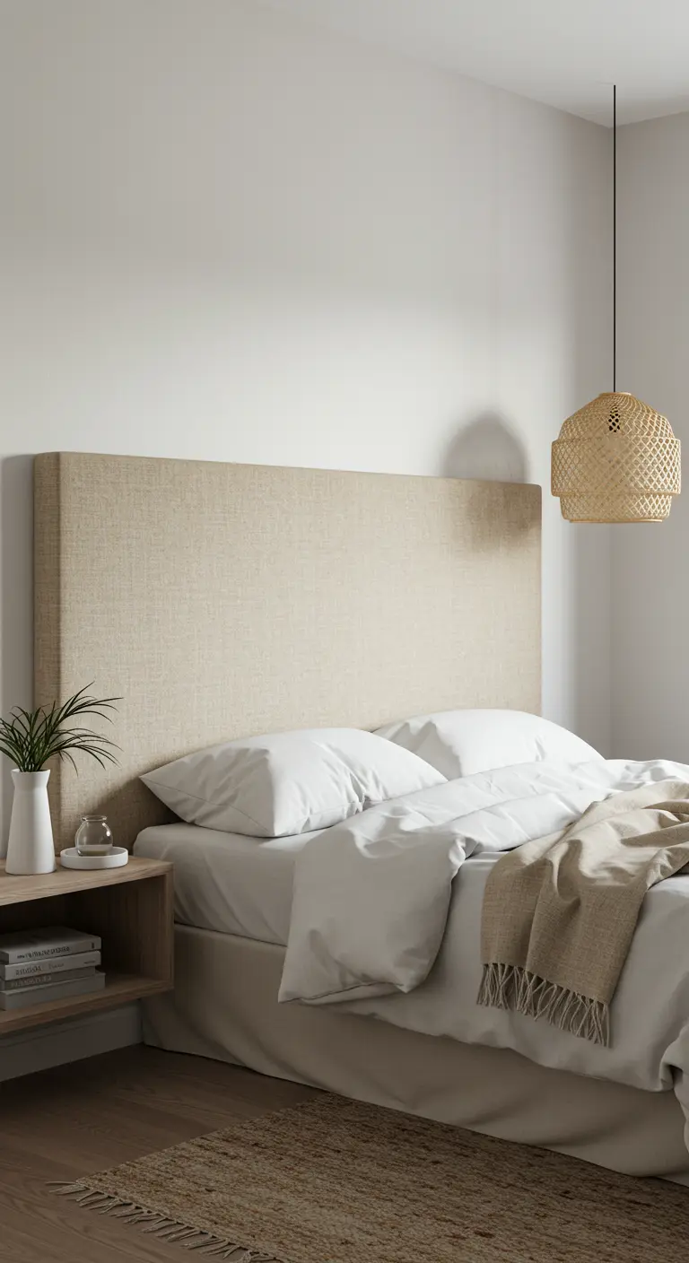 Tête de lit rembourrée recouverte de tissu en lin beige dans une chambre scandinave.