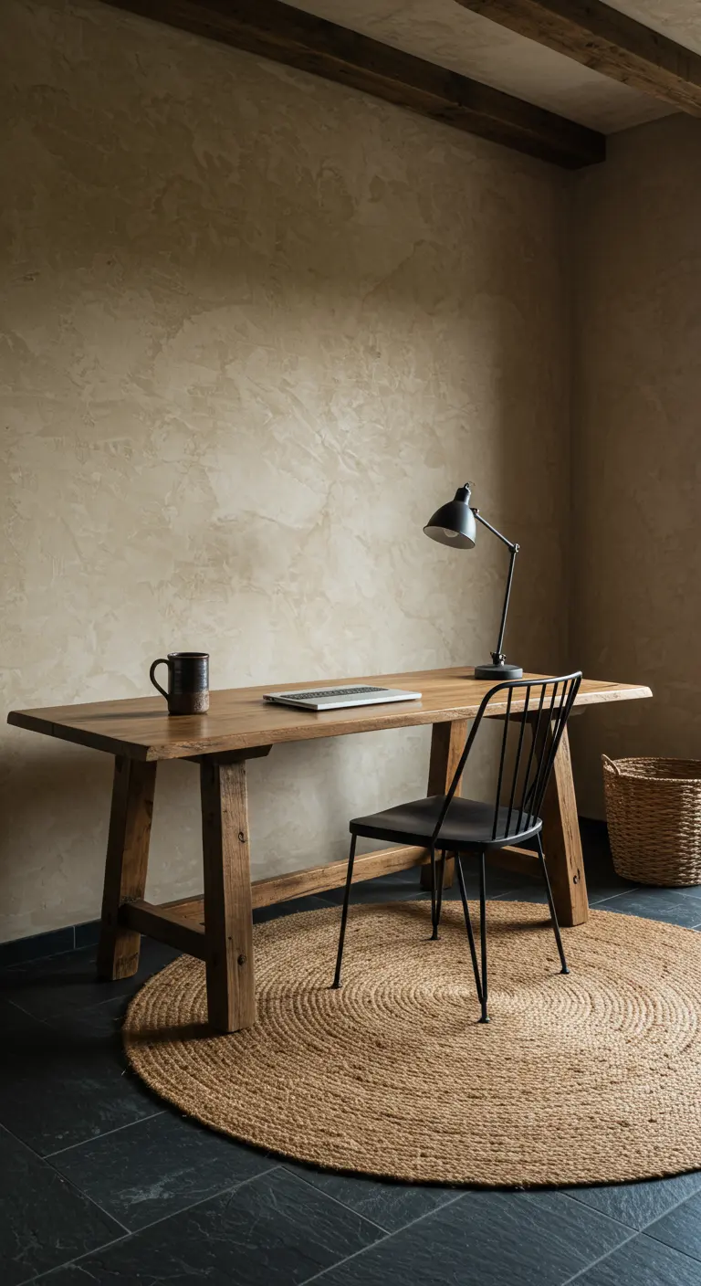 Bureau rustique en bois, chaise noire, sur un tapis de jute rond devant un mur beige texturé.