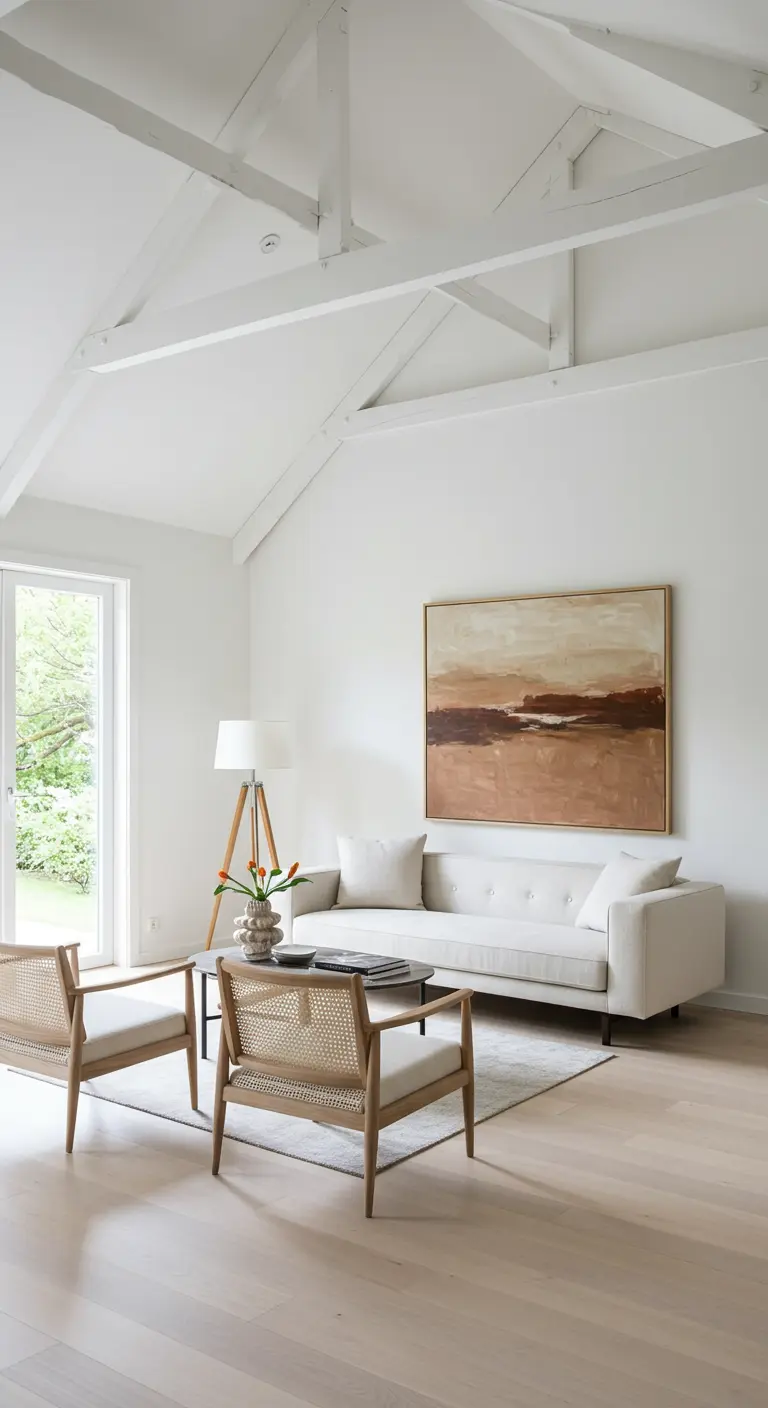 Salon lumineux avec poutres apparentes, fauteuils en rotin et une grande toile.