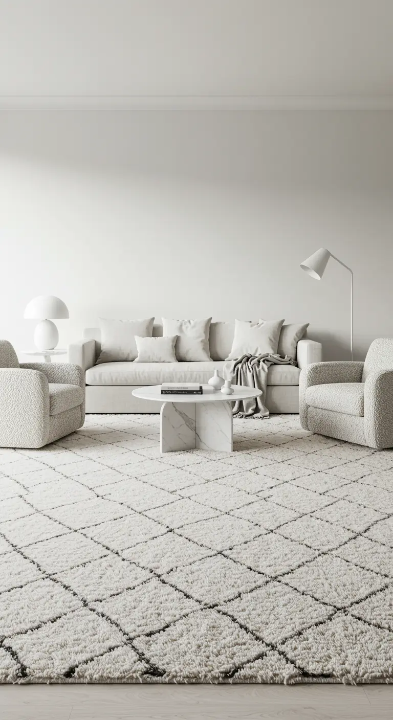 Salon scandinave blanc avec un grand tapis berbère à motifs losanges noirs.