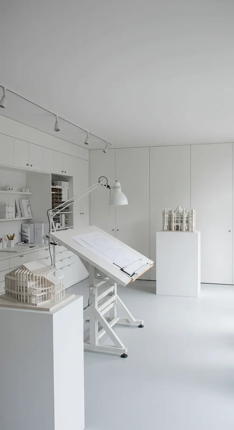 Studio d'architecte entièrement blanc et minimaliste avec une table à dessin et des maquettes.