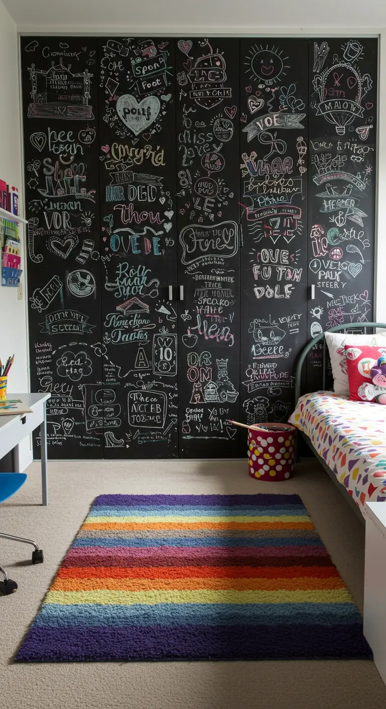 Portes de placard noires entièrement recouvertes de dessins et d'écritures à la craie.