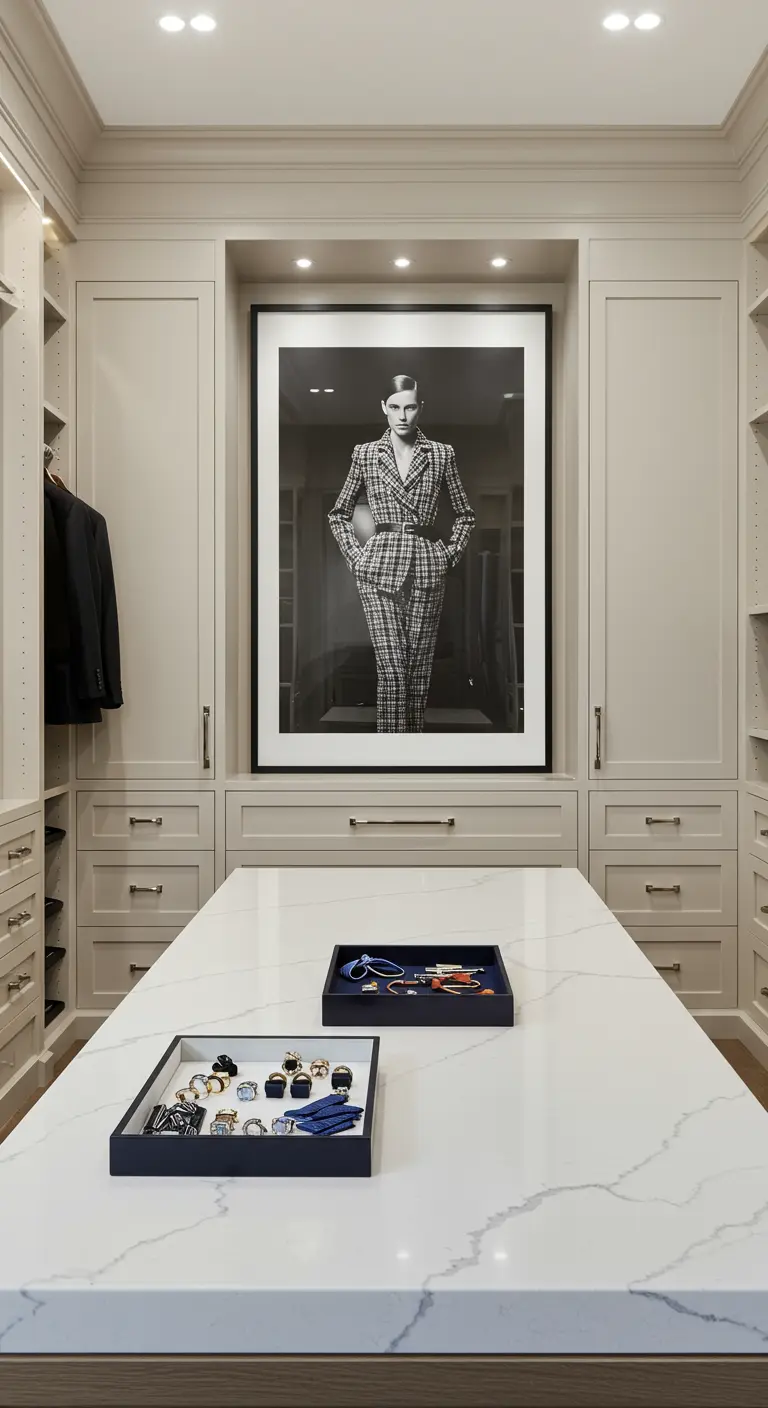 Grande photographie de mode en noir et blanc accrochée dans un dressing.