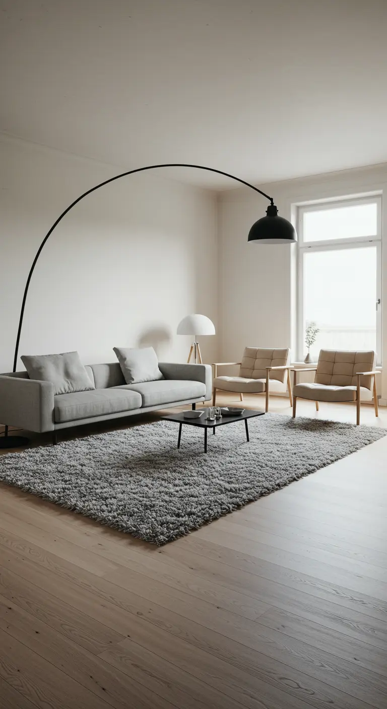 Salon minimaliste avec un tapis gris texturé, canapé gris et lampadaire arc noir.