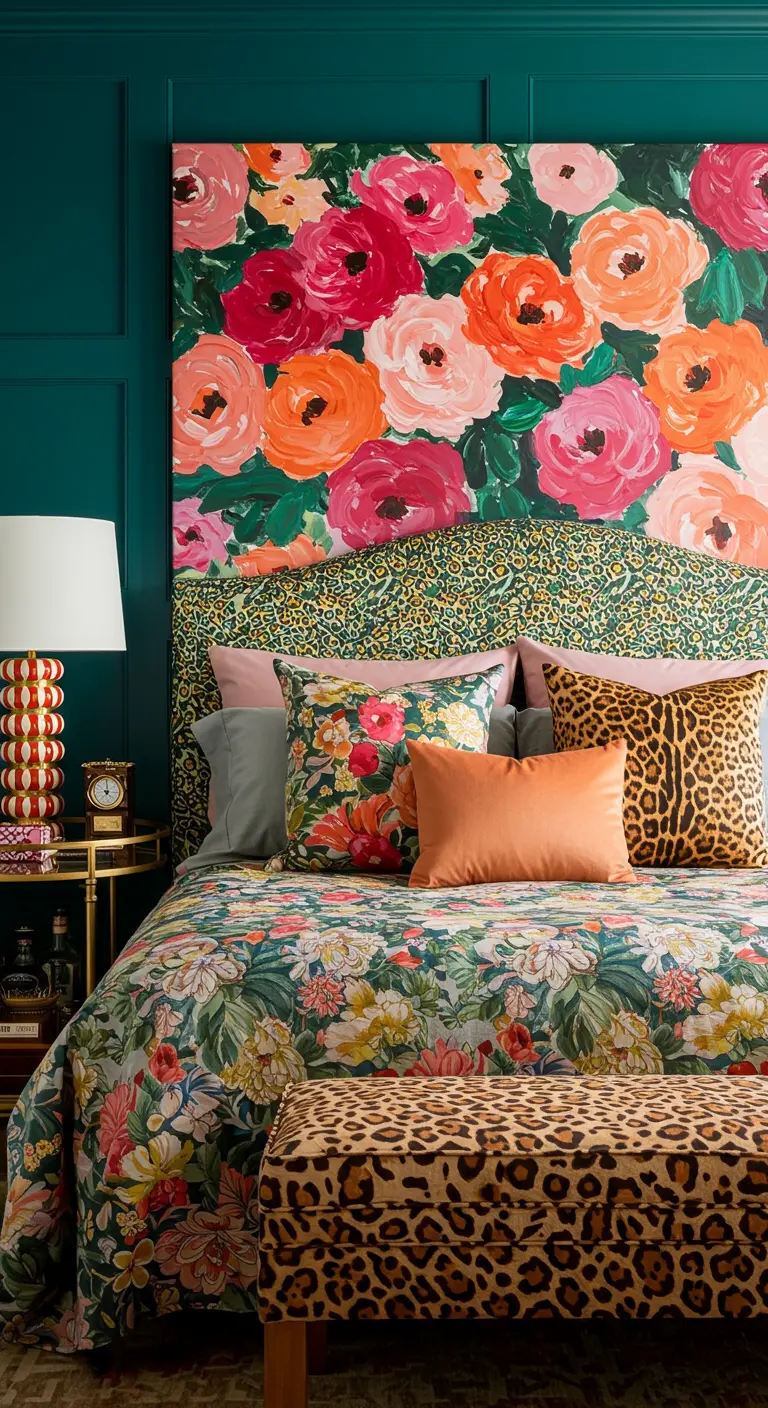 Tête de lit exubérante combinant une grande toile florale et un tissu léopard.