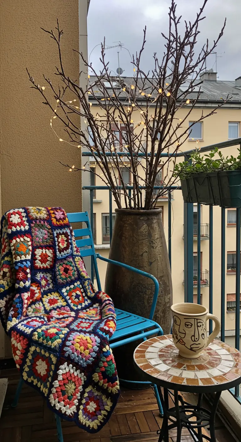 Plaid au crochet coloré sur une chaise, avec des branches illuminées dans un vase.