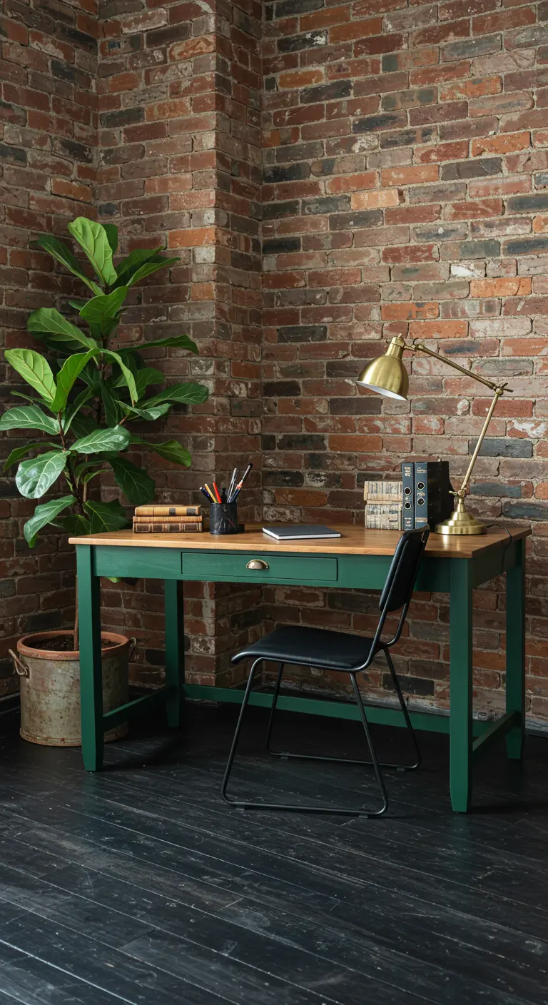 Bureau peint en vert foncé devant un mur de briques, avec une lampe en laiton et une grande plante.
