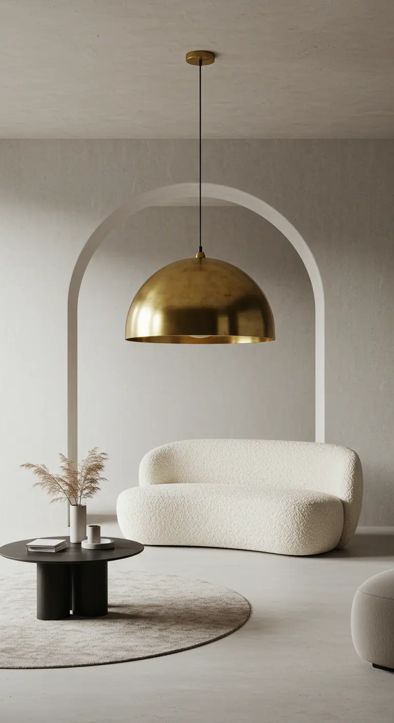 Suspension en forme de dôme en laiton brossé dans un salon aux murs texturés blancs.