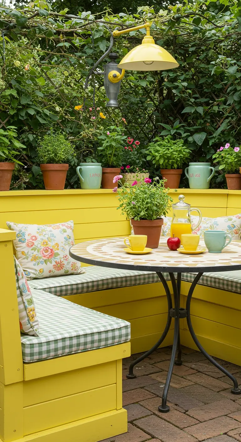 Banquette jaune vif avec rangements, coussins à carreaux et table de mosaïque dans un jardin.