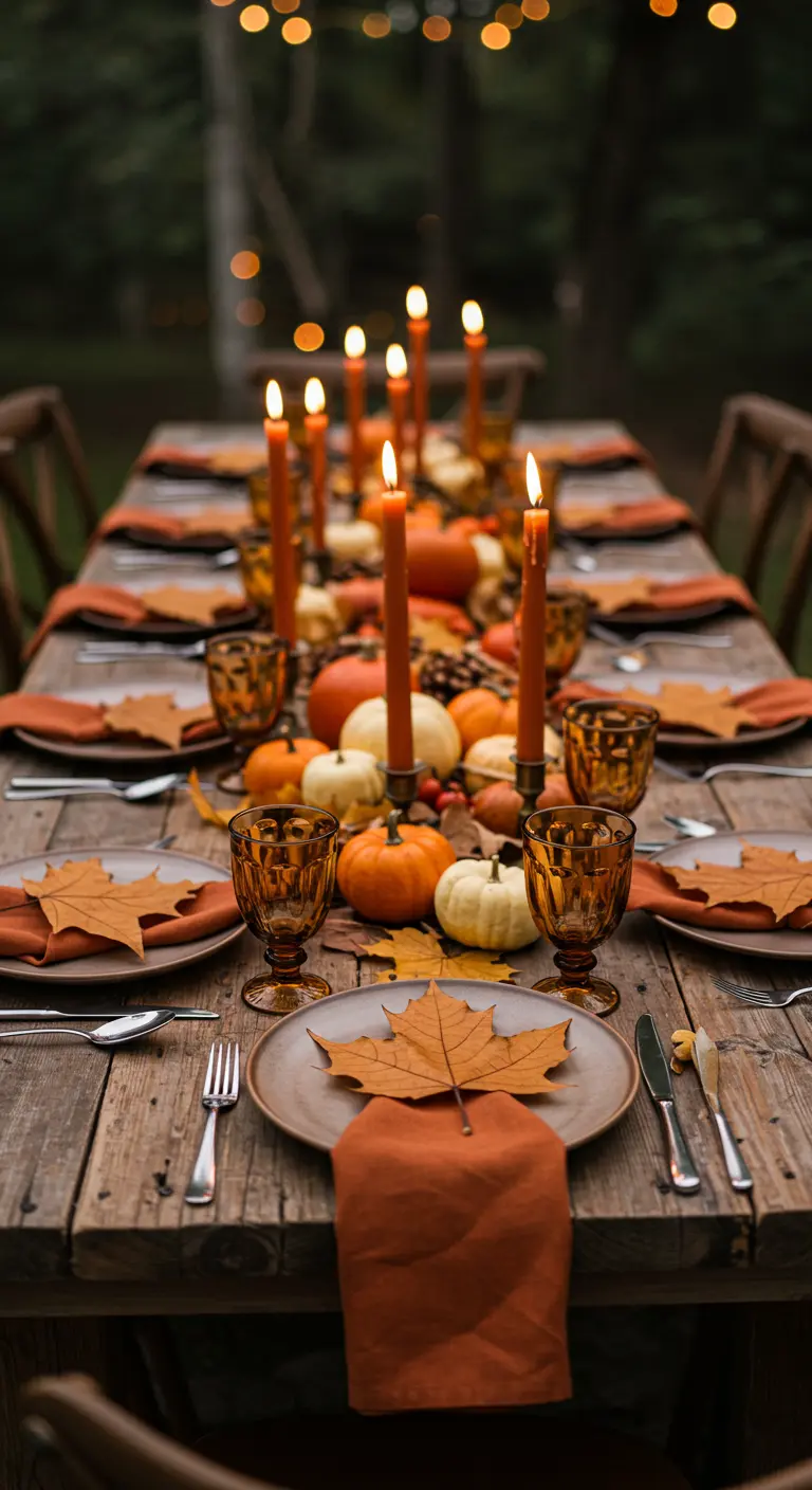 Table d'automne rustique avec citrouilles, bougies et feuilles d'érable.