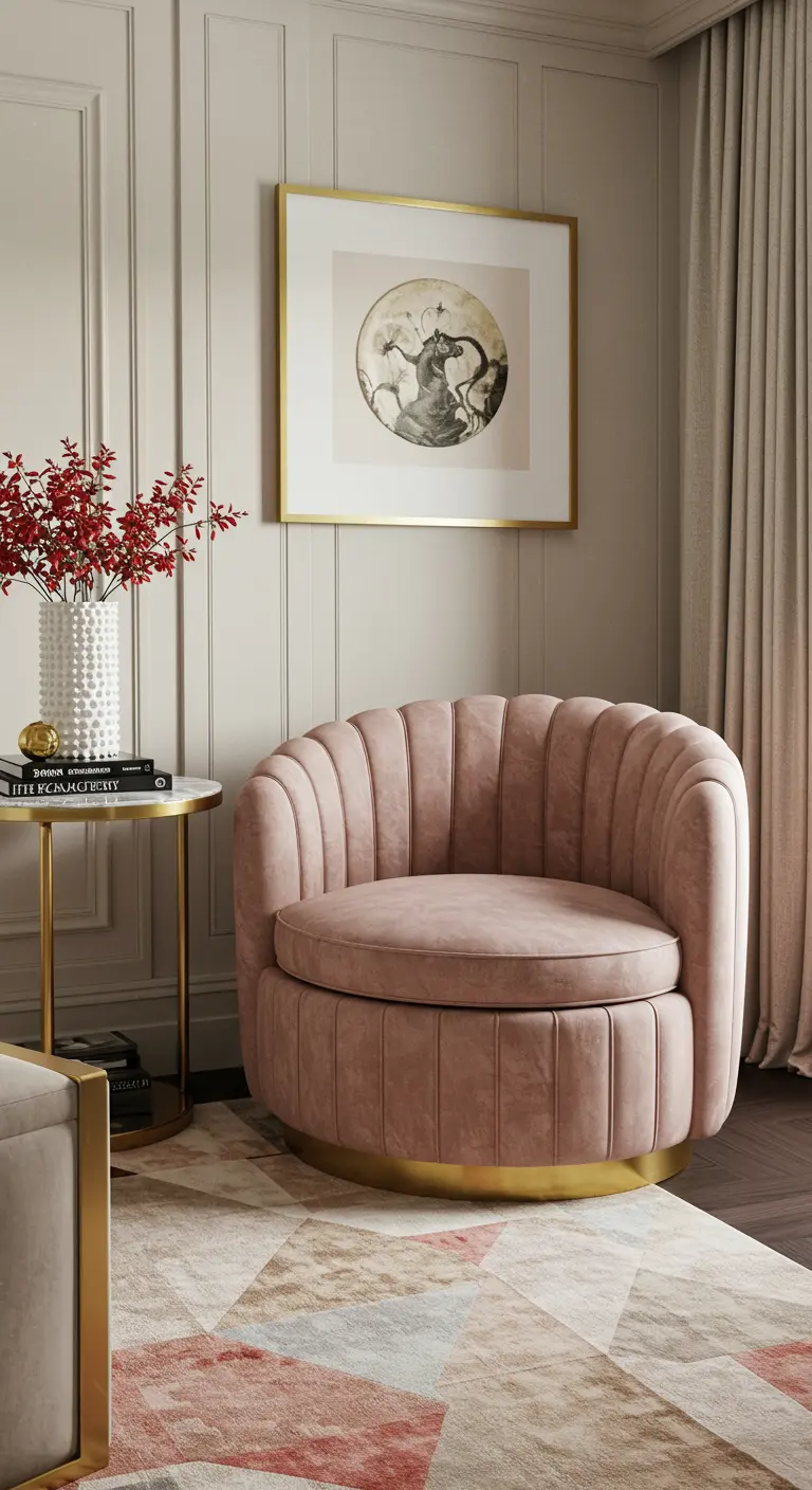 Fauteuil pivotant en velours rose poudré avec une base en laiton.