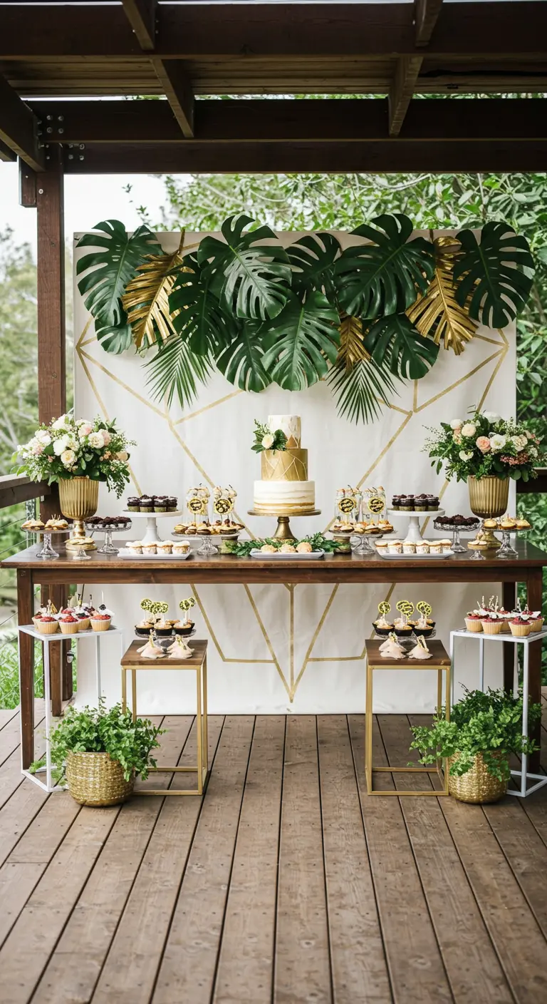 Buffet de fête avec un mur de feuilles de Monstera vertes et dorées en arrière-plan.