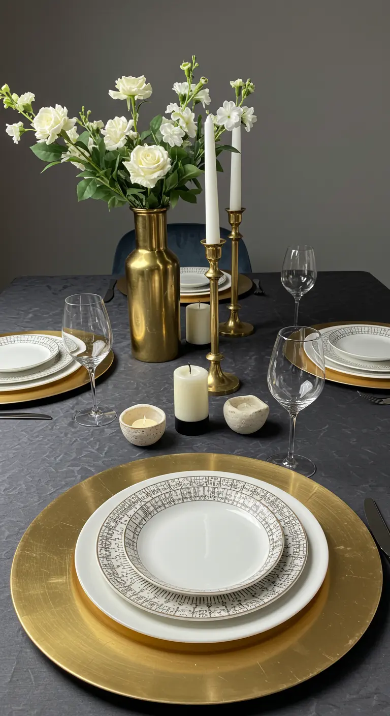 Table élégante avec sous-assiettes dorées, vases en laiton et fleurs blanches.