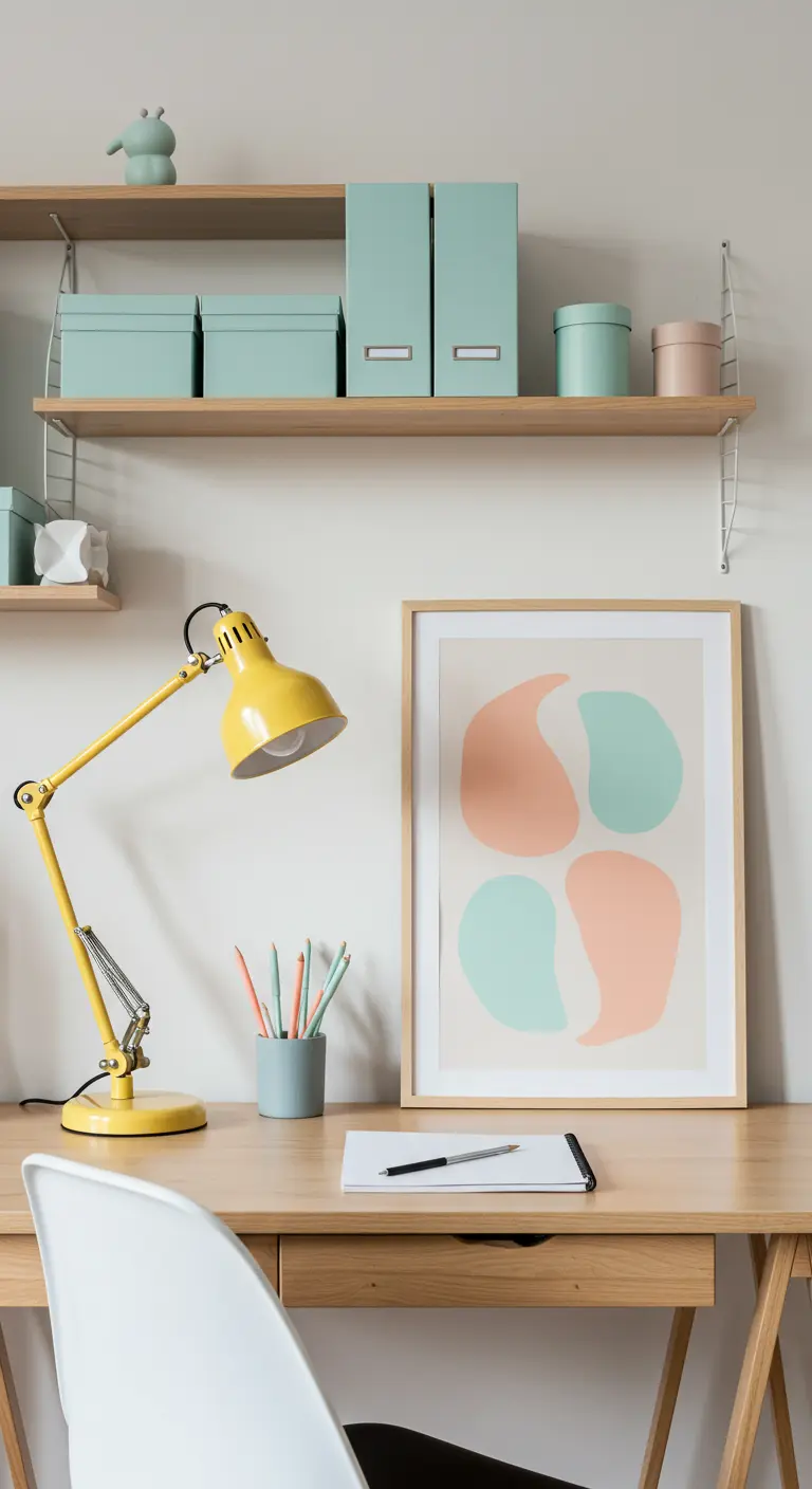 Bureau en bois avec une lampe articulée jaune vif et des boîtes de rangement pastel.