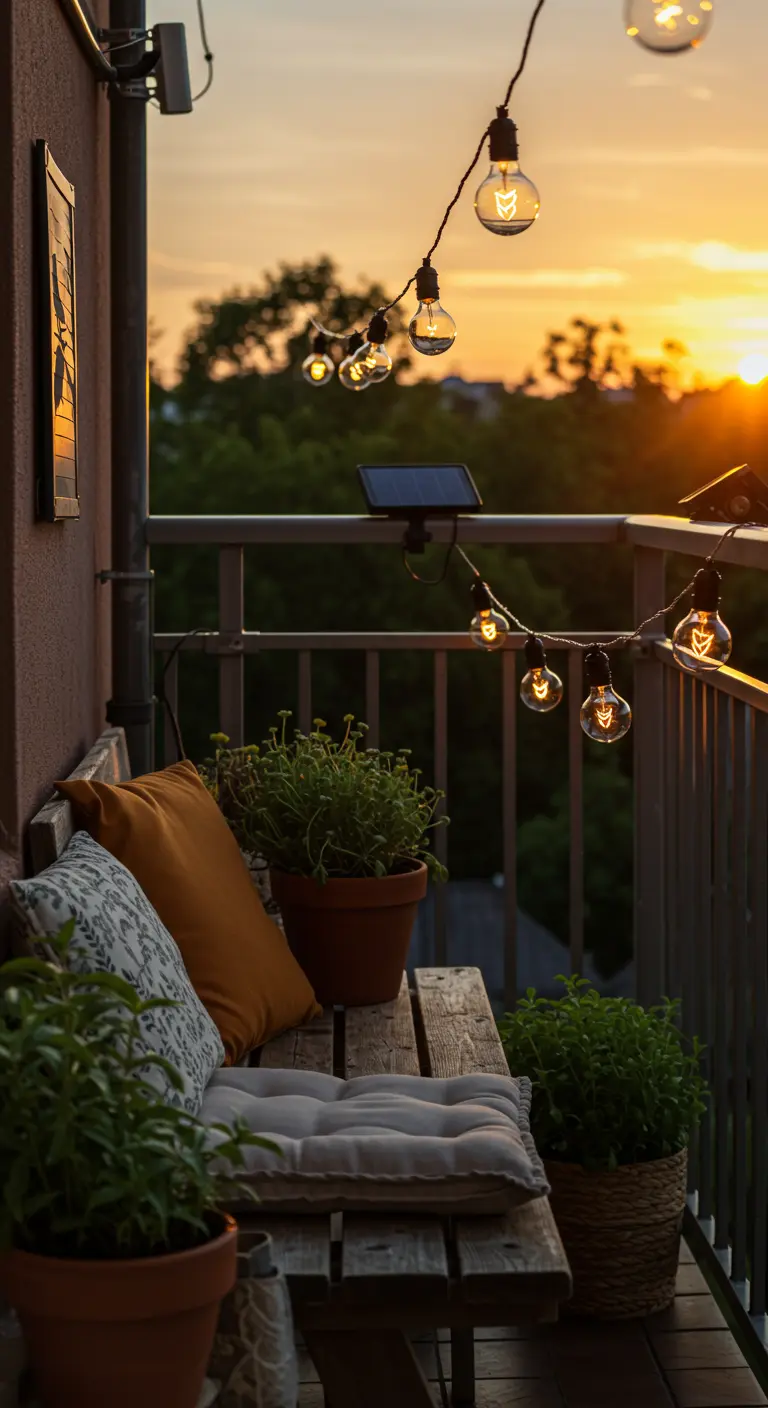 Guirlande solaire à grosses ampoules suspendue le long de la rambarde d'un balcon au coucher du soleil.
