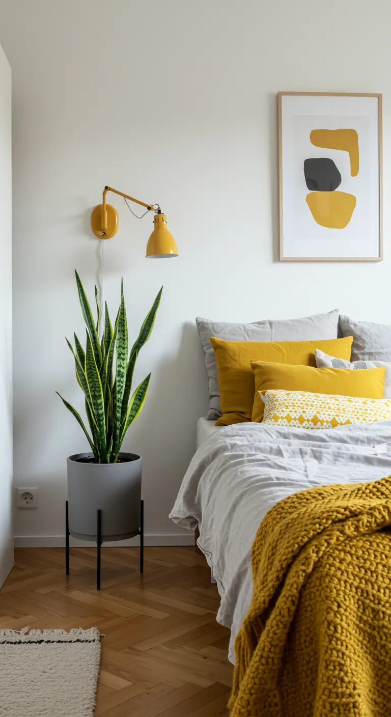 Chambre grise et blanche avec des touches de jaune moutarde sur la lampe et les textiles.