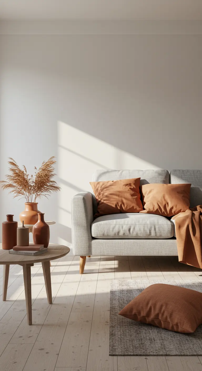 Canapé gris avec coussins et plaid terracotta dans un salon lumineux.