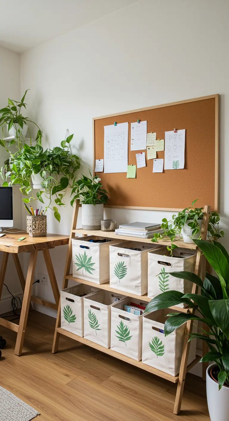 Bureau en bois avec une étagère-échelle accueillant des paniers en toile à motifs de feuilles.