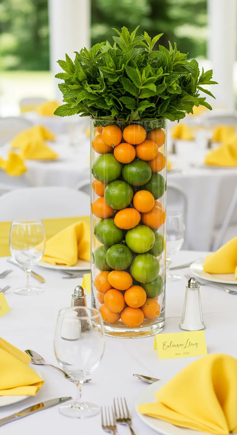 Haut vase cylindrique rempli de couches de limes et de kumquats, surmonté de menthe.