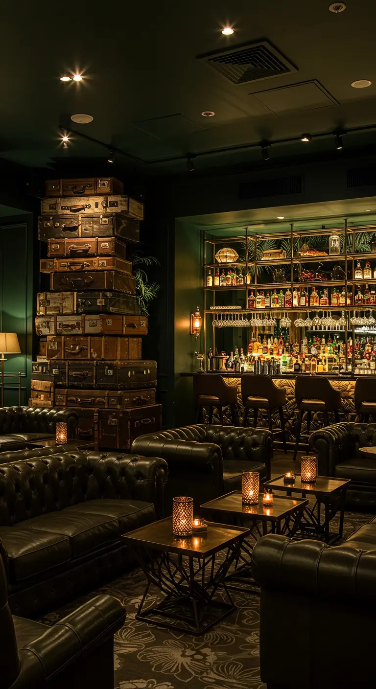Haute pile de valises vintage dans un bar lounge aux lumières tamisées.