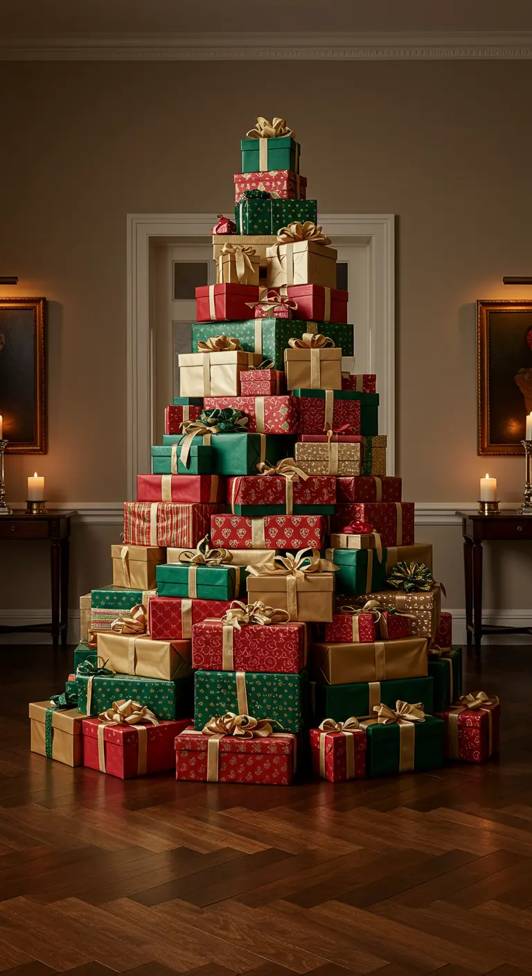 Imposant sapin de Noël entièrement composé d'une pile de cadeaux rouges, verts et dorés.