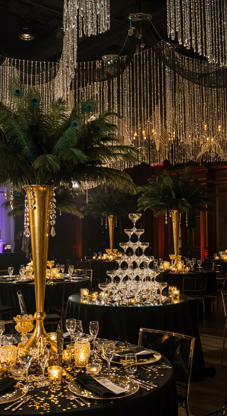 Pyramide de coupes de champagne dans une salle de réception opulente.