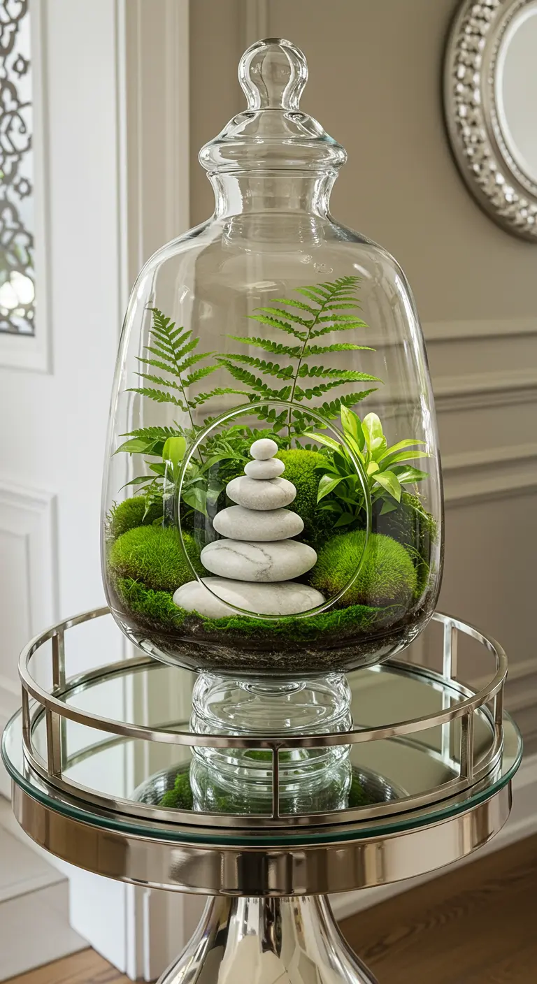Terrarium jarre en verre avec une pile de pierres zen, fougères et mousse sur une table d'appoint miroir.