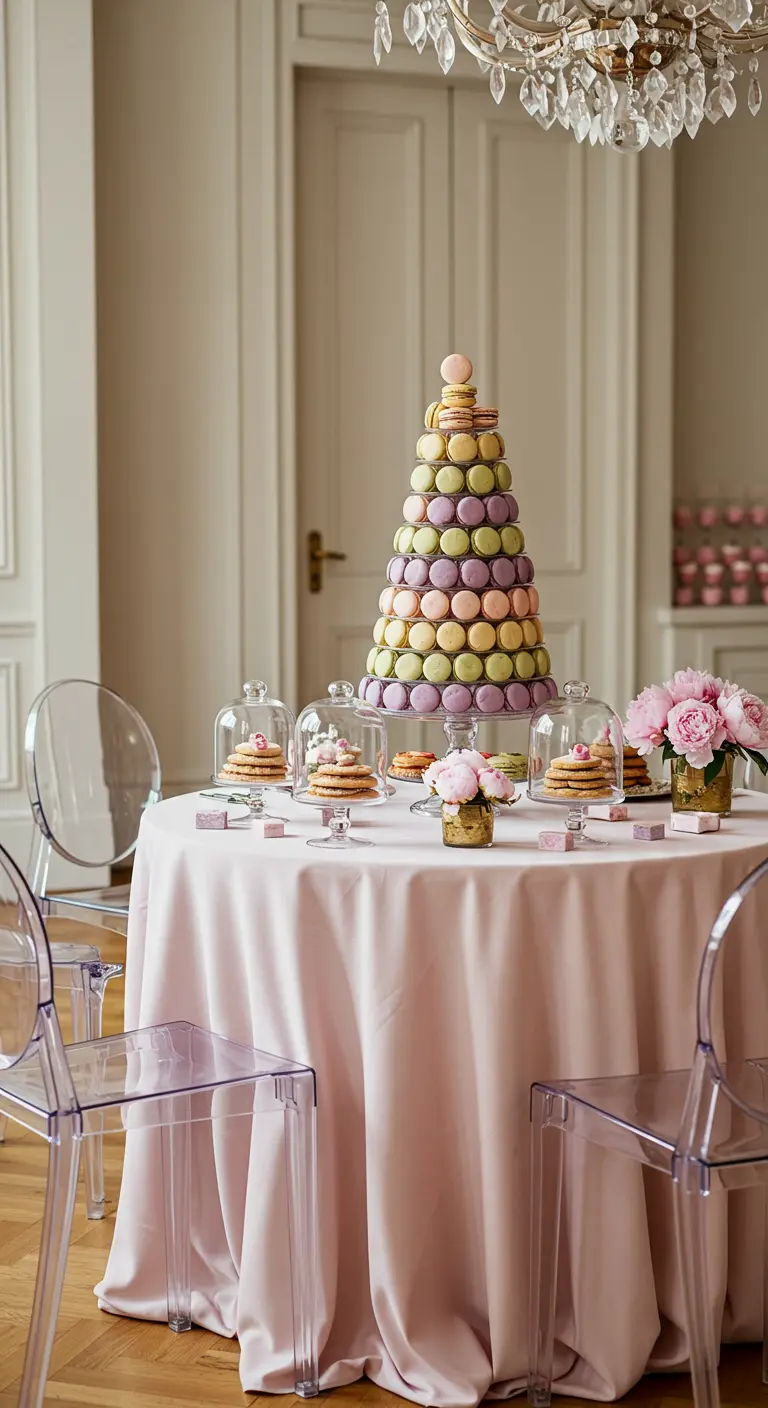Tour de macarons pastel sur une table élégante rose poudré.