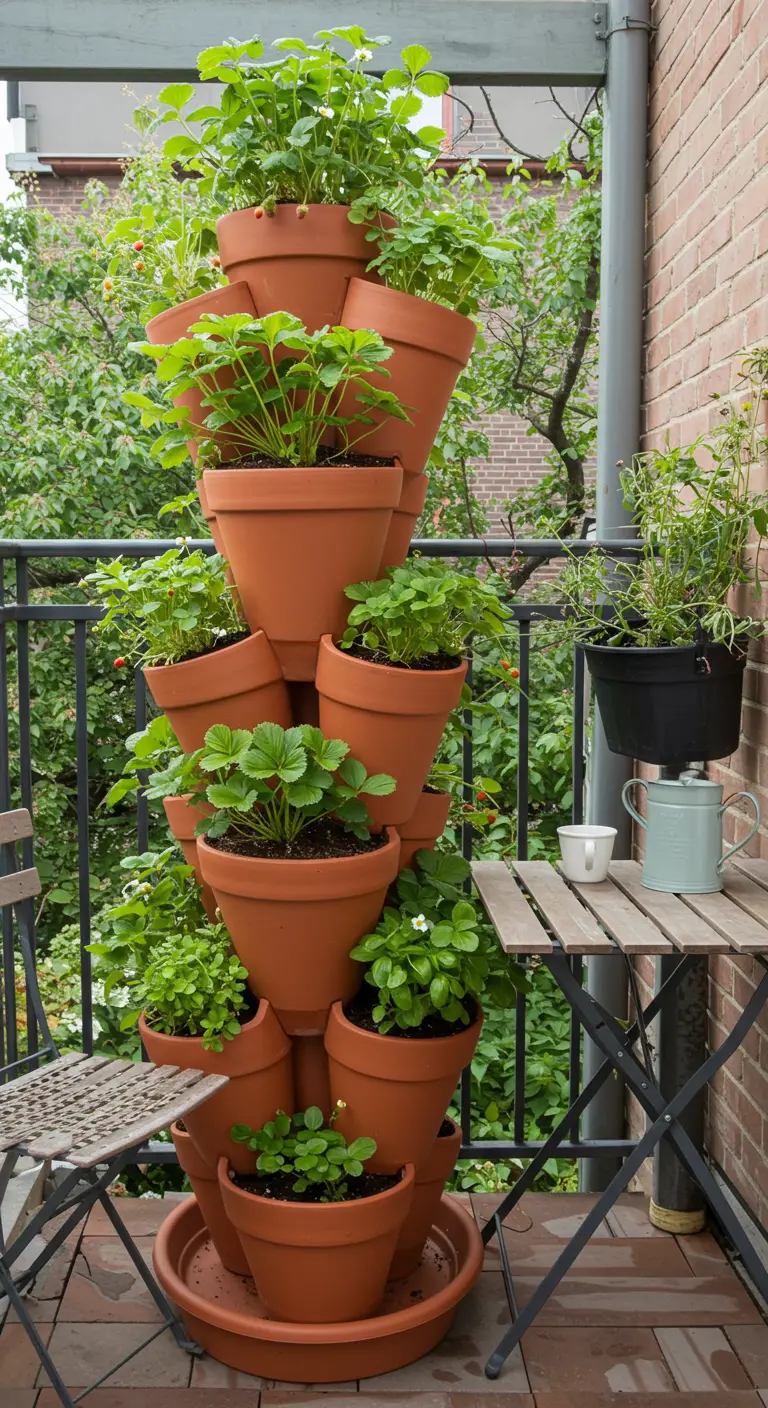 Une tour de pots en terre cuite empilés, spécialement conçue pour la culture des fraises.