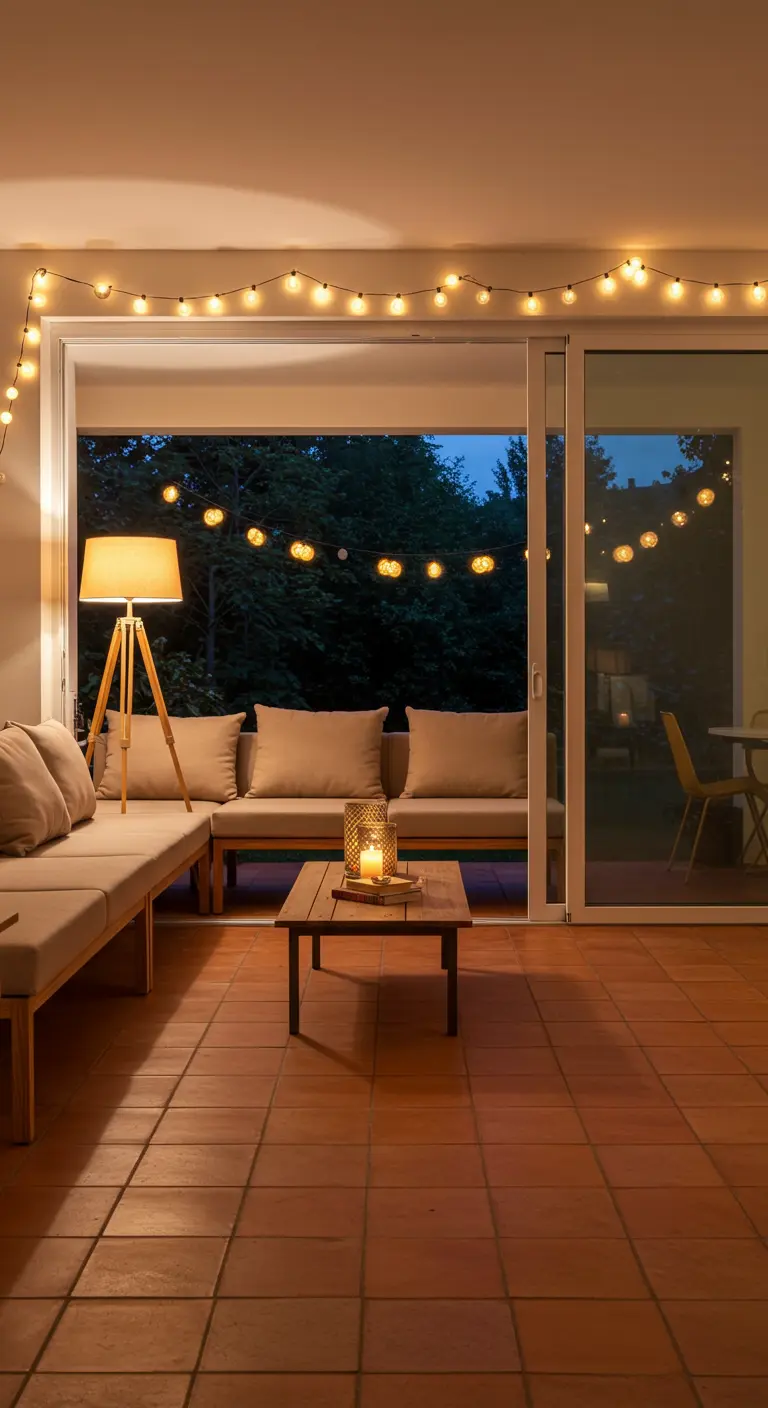 Salon s'ouvrant sur une terrasse, avec un sol en tomettes et des guirlandes lumineuses.