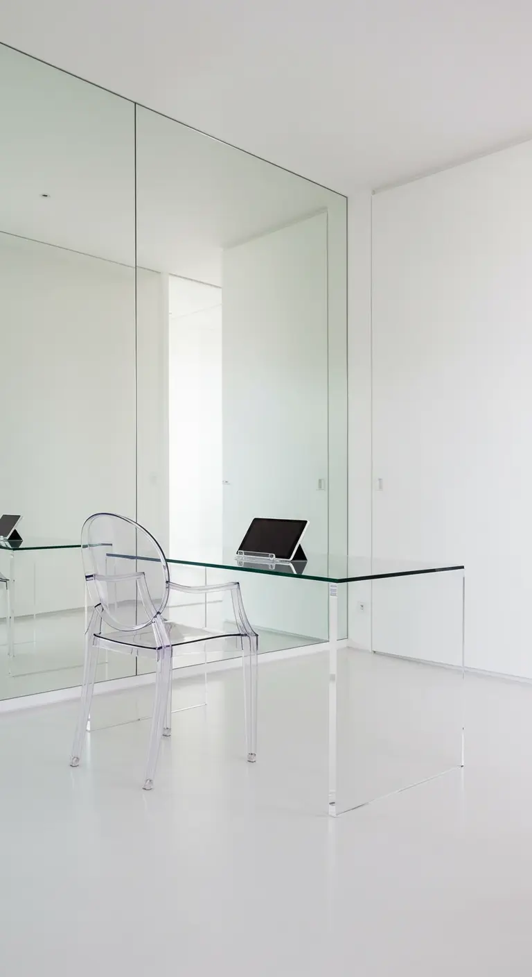 Bureau en verre transparent avec une chaise assortie devant un mur de miroirs.