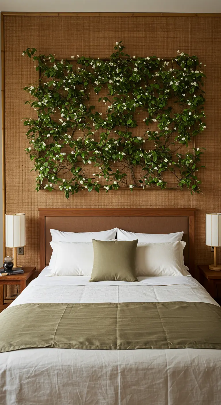 Un treillis de jasmin en fleurs grimpant sur un mur en fibres naturelles derrière un lit.