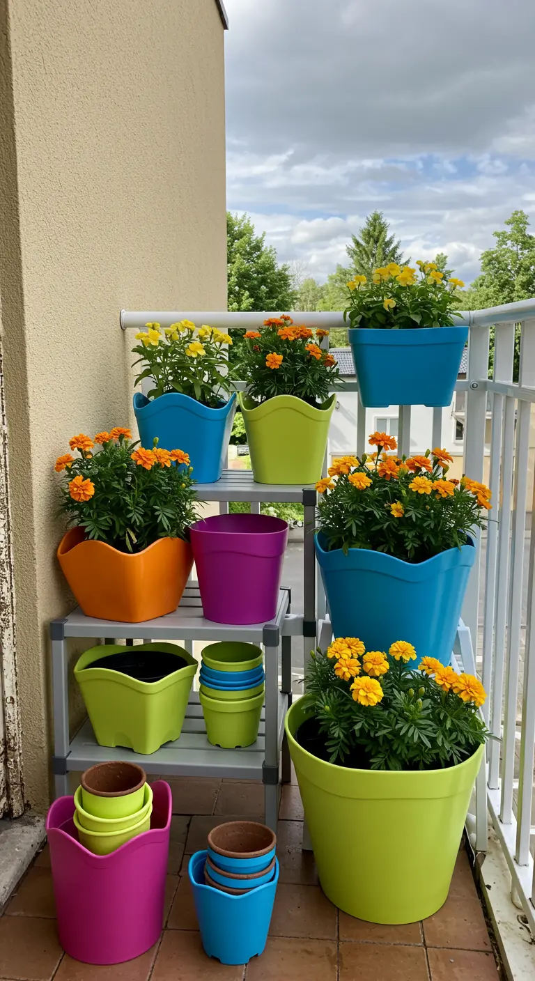 Pots de fleurs colorés et ondulés avec des œillets d'Inde orange et jaunes.