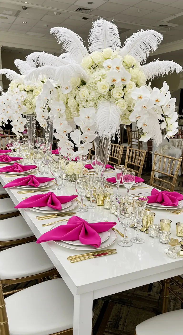 Table de fête glamour avec serviettes fuchsia et compositions florales.