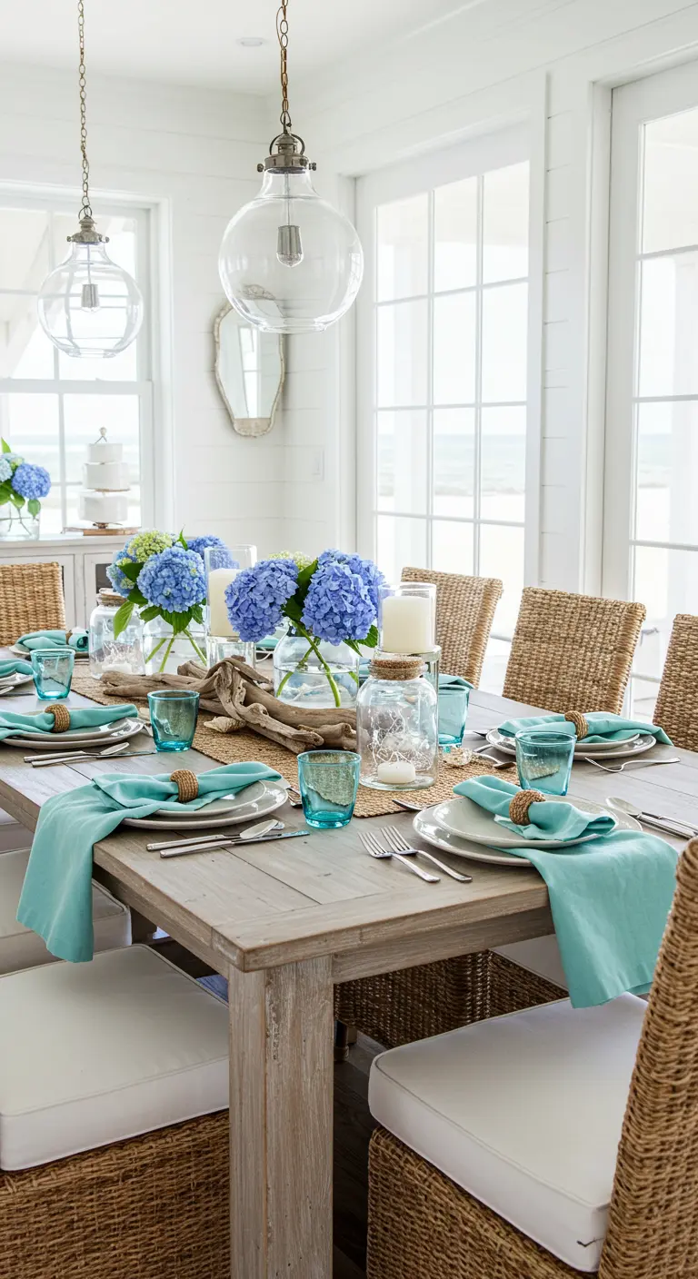 Salle à manger lumineuse de style côtier avec table en bois clair, hortensias bleus et chaises en rotin.