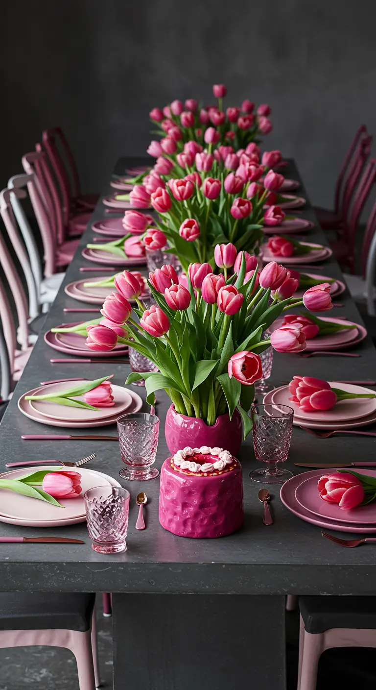 Longue table grise avec une décoration entièrement rose : tulipes, assiettes, verres et gâteau.