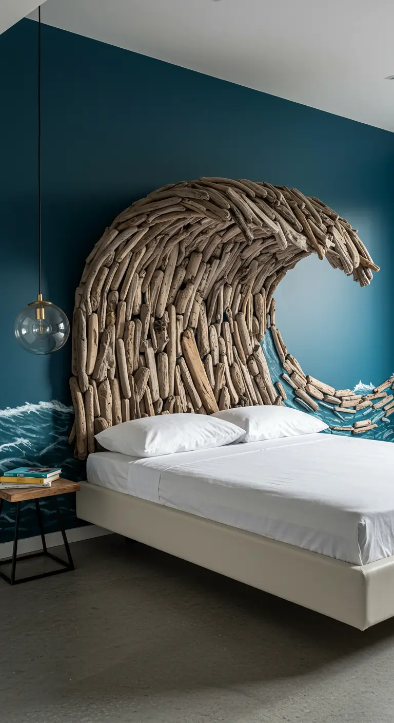 Immense sculpture murale en bois flotté en forme de vague déferlante au-dessus d'un lit.