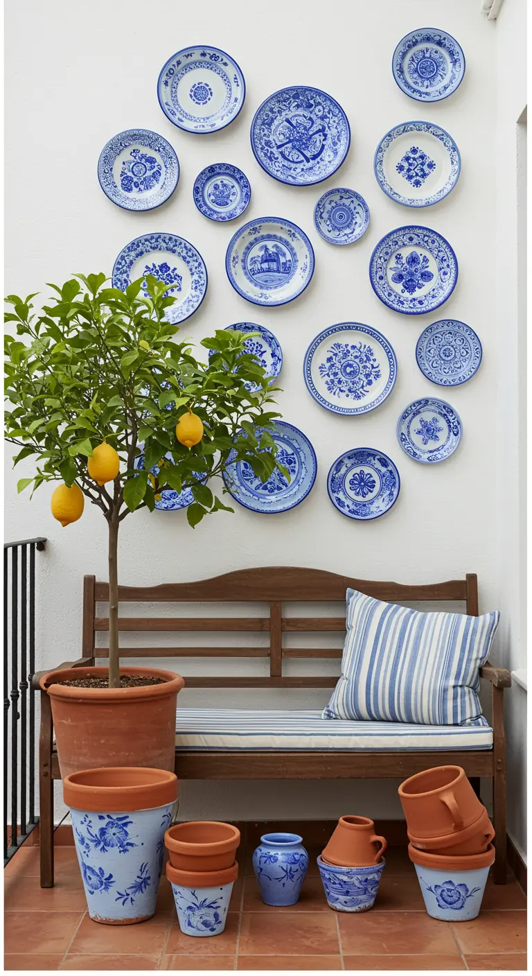 Mur blanc extérieur décoré avec une collection d'assiettes en porcelaine bleue et blanche.