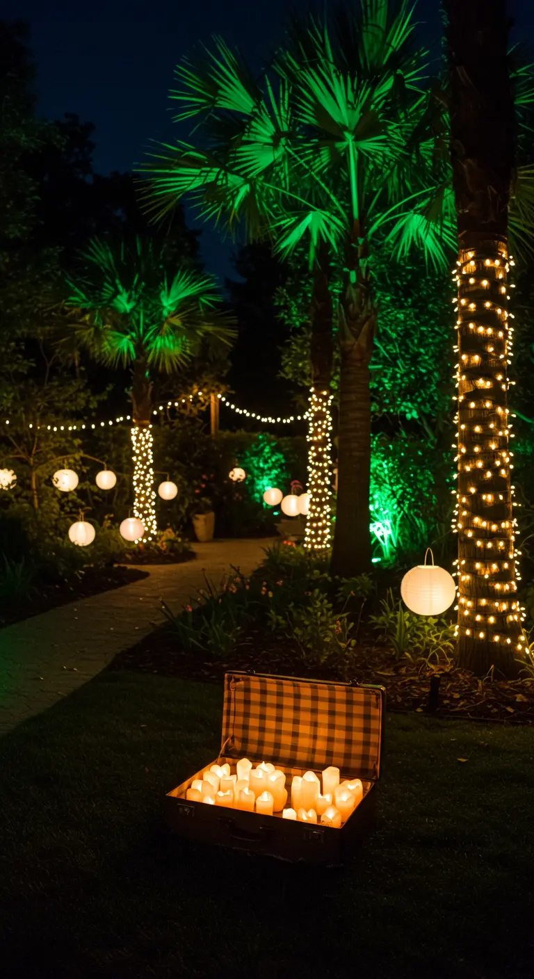 Valise ouverte dans l'herbe la nuit, remplie de bougies LED allumées.