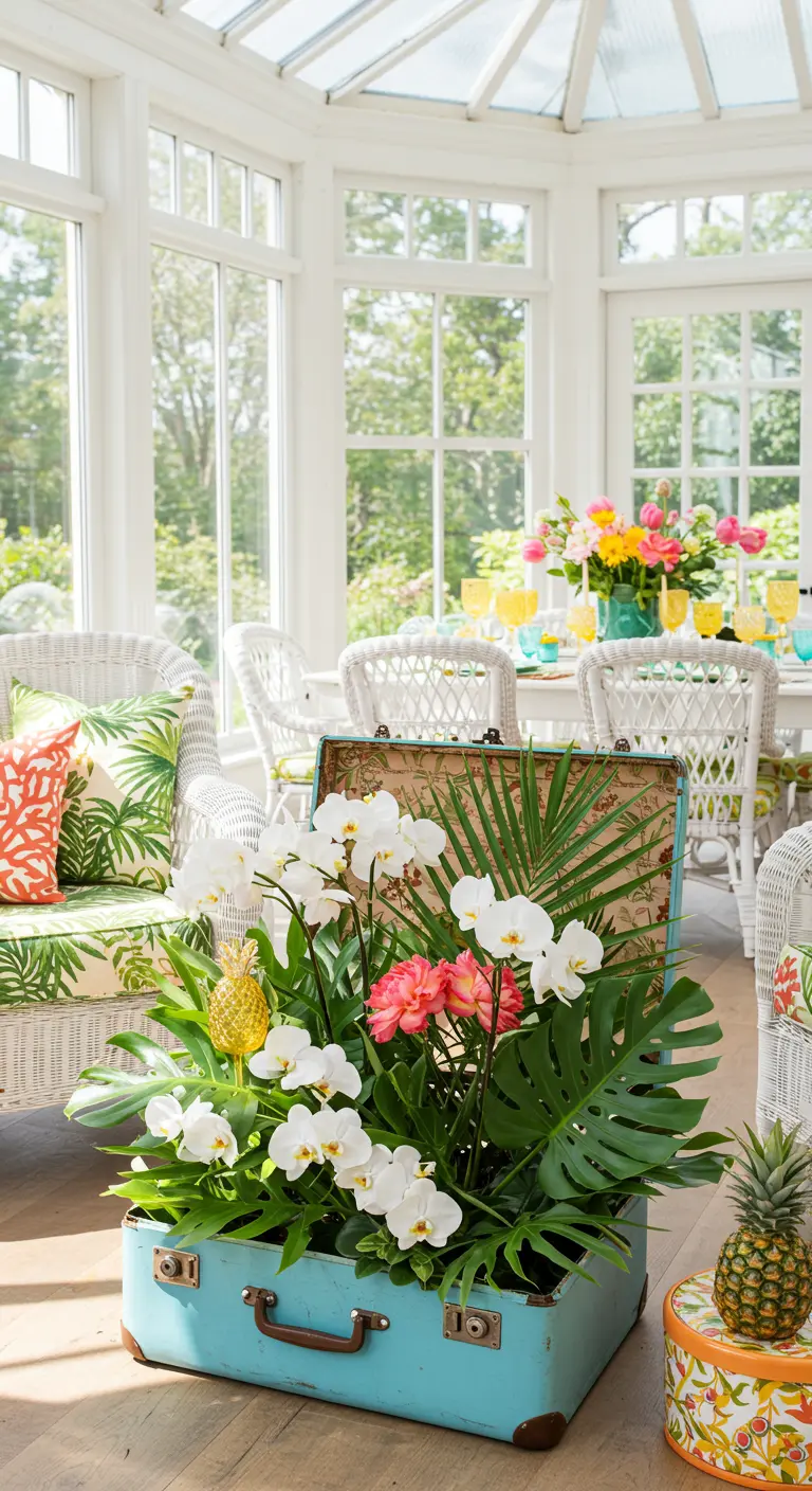 Valise bleu turquoise ouverte, remplie d'orchidées blanches et de feuillage tropical.